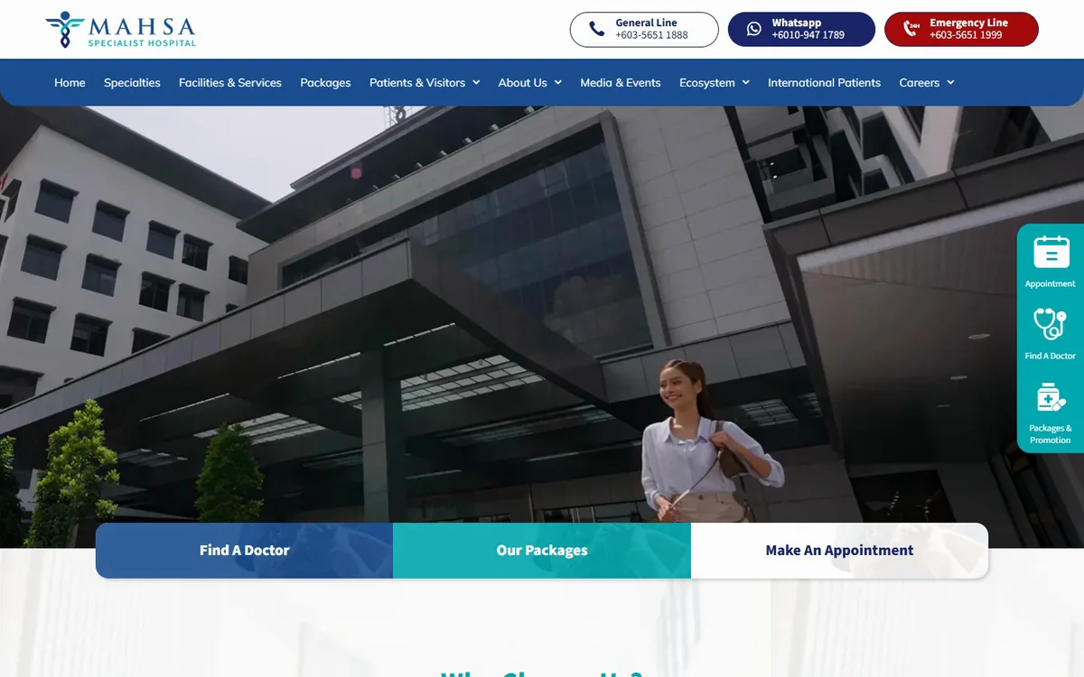 MAHSA Hospital — homepage on desktop